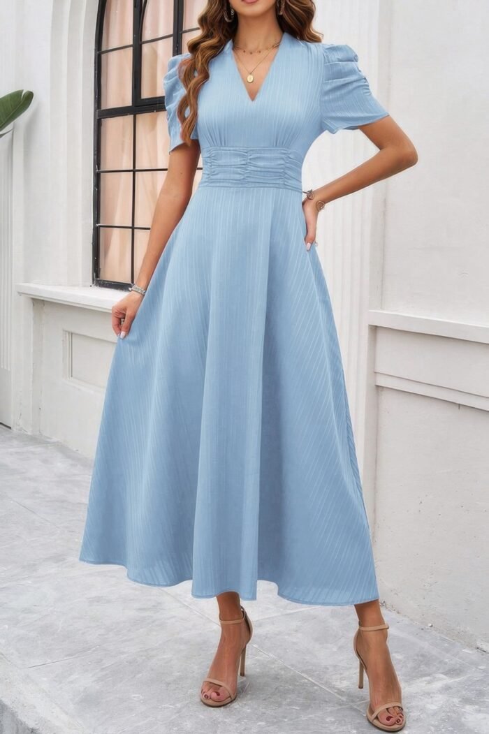 V Neck Solid Puff Sleeves Fit Full Dress - Image 8