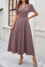 V Neck Solid Puff Sleeves Fit Full Dress