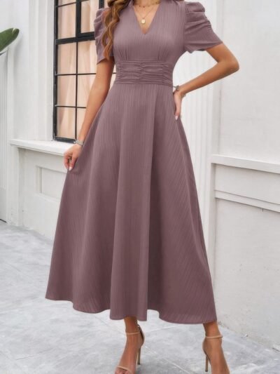 V Neck Solid Puff Sleeves Fit Full Dress V Neck Solid Puff Sleeves Fit Full Dress