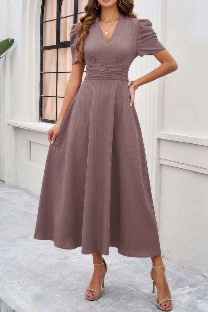 V Neck Solid Puff Sleeves Fit Full Dress - Image 9