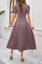 V Neck Solid Puff Sleeves Fit Full Dress