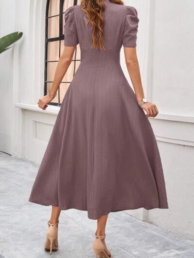 V Neck Solid Puff Sleeves Fit Full Dress V Neck Solid Puff Sleeves Fit Full Dress