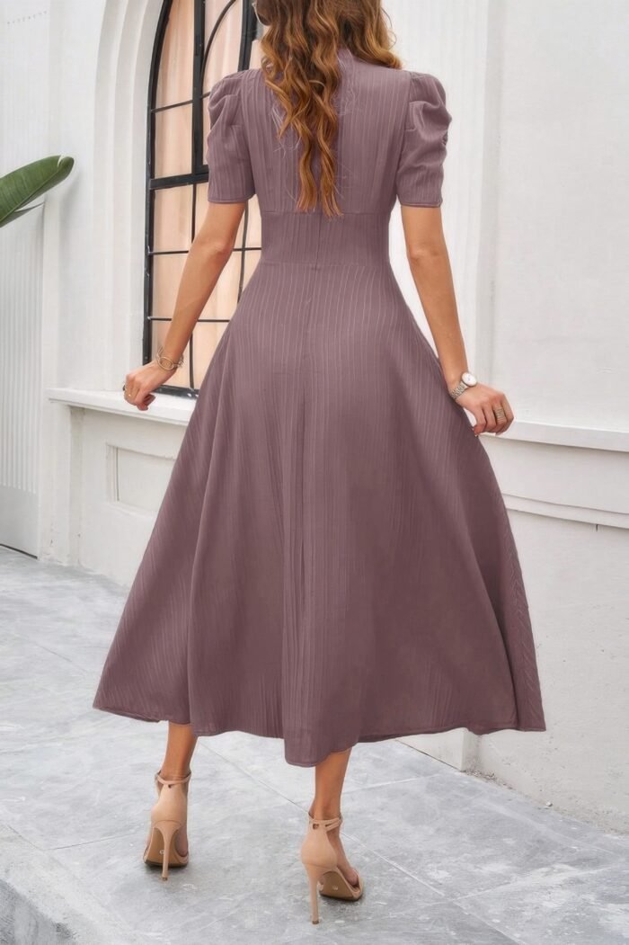 V Neck Solid Puff Sleeves Fit Full Dress - Image 10