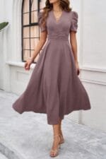 V Neck Solid Puff Sleeves Fit Full Dress