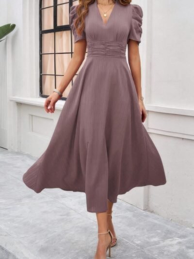 V Neck Solid Puff Sleeves Fit Full Dress V Neck Solid Puff Sleeves Fit Full Dress