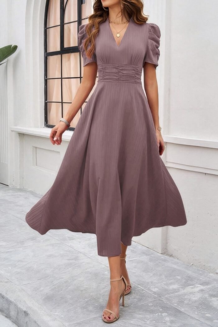 V Neck Solid Puff Sleeves Fit Full Dress - Image 11