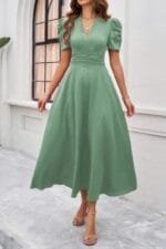 V Neck Solid Puff Sleeves Fit Full Dress