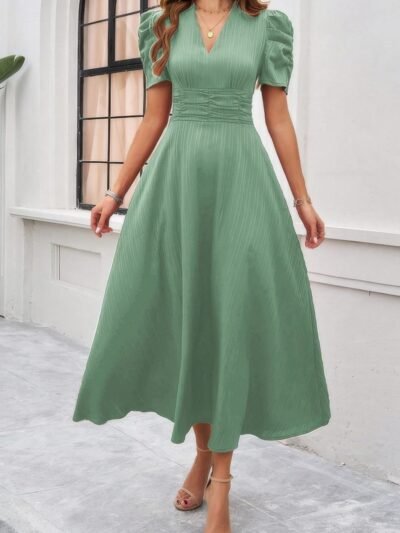 V Neck Solid Puff Sleeves Fit Full Dress V Neck Solid Puff Sleeves Fit Full Dress