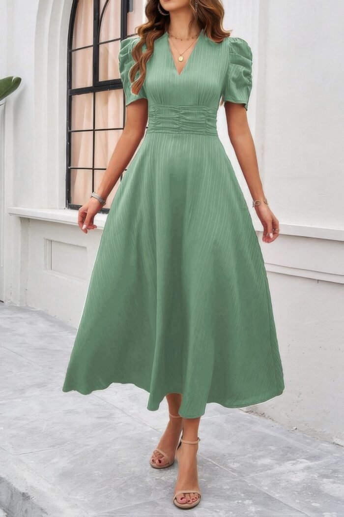 V Neck Solid Puff Sleeves Fit Full Dress - Image 12