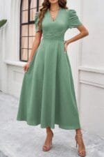 V Neck Solid Puff Sleeves Fit Full Dress
