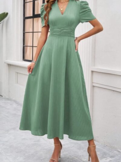 V Neck Solid Puff Sleeves Fit Full Dress V Neck Solid Puff Sleeves Fit Full Dress
