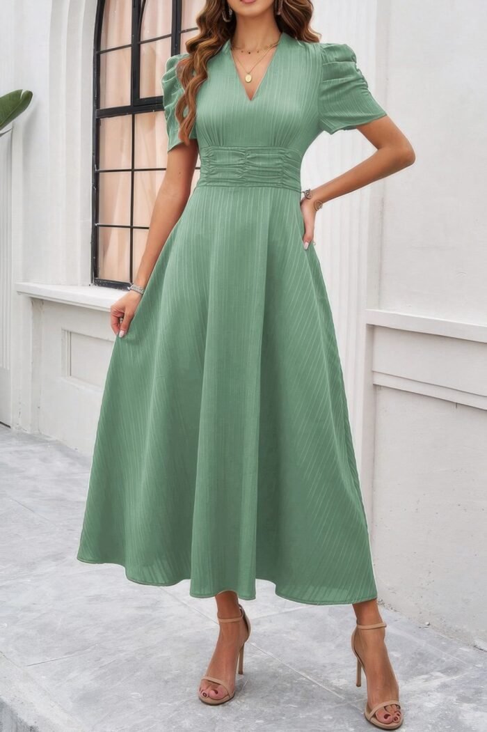 V Neck Solid Puff Sleeves Fit Full Dress - Image 13