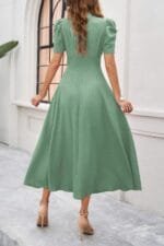 V Neck Solid Puff Sleeves Fit Full Dress