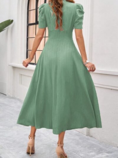 V Neck Solid Puff Sleeves Fit Full Dress V Neck Solid Puff Sleeves Fit Full Dress