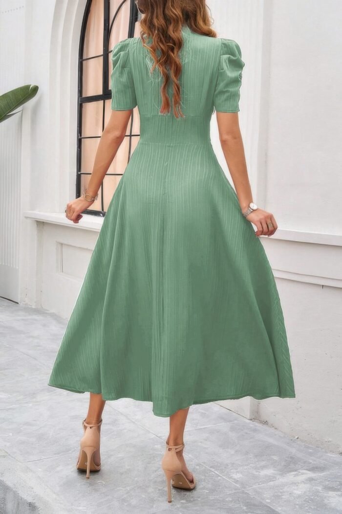 V Neck Solid Puff Sleeves Fit Full Dress - Image 14