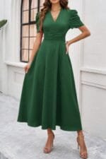 V Neck Solid Puff Sleeves Fit Full Dress