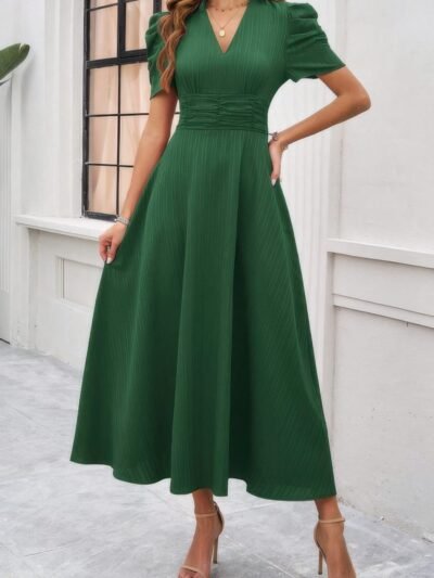 V Neck Solid Puff Sleeves Fit Full Dress V Neck Solid Puff Sleeves Fit Full Dress
