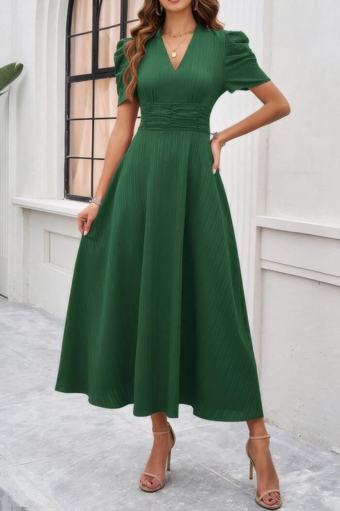 V Neck Solid Puff Sleeves Fit Full Dress - Image 15
