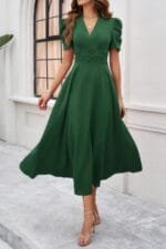 V Neck Solid Puff Sleeves Fit Full Dress
