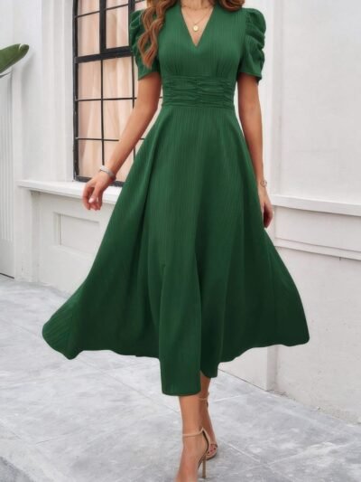 V Neck Solid Puff Sleeves Fit Full Dress V Neck Solid Puff Sleeves Fit Full Dress