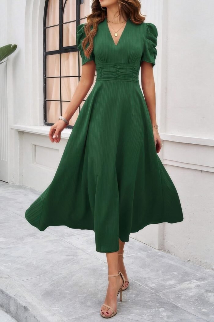V Neck Solid Puff Sleeves Fit Full Dress - Image 16