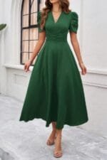 V Neck Solid Puff Sleeves Fit Full Dress