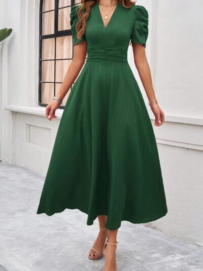 V Neck Solid Puff Sleeves Fit Full Dress V Neck Solid Puff Sleeves Fit Full Dress