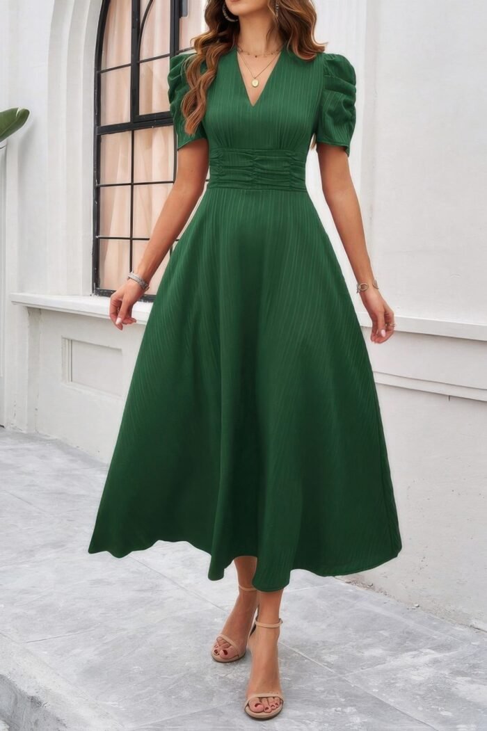 V Neck Solid Puff Sleeves Fit Full Dress - Image 17