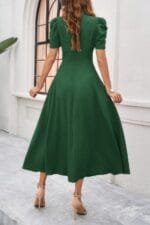 V Neck Solid Puff Sleeves Fit Full Dress