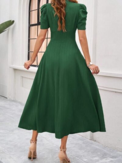 V Neck Solid Puff Sleeves Fit Full Dress V Neck Solid Puff Sleeves Fit Full Dress