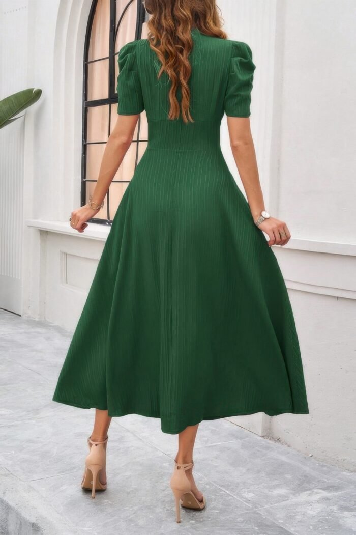 V Neck Solid Puff Sleeves Fit Full Dress - Image 18