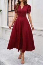 V Neck Solid Puff Sleeves Fit Full Dress