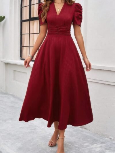 V Neck Solid Puff Sleeves Fit Full Dress V Neck Solid Puff Sleeves Fit Full Dress