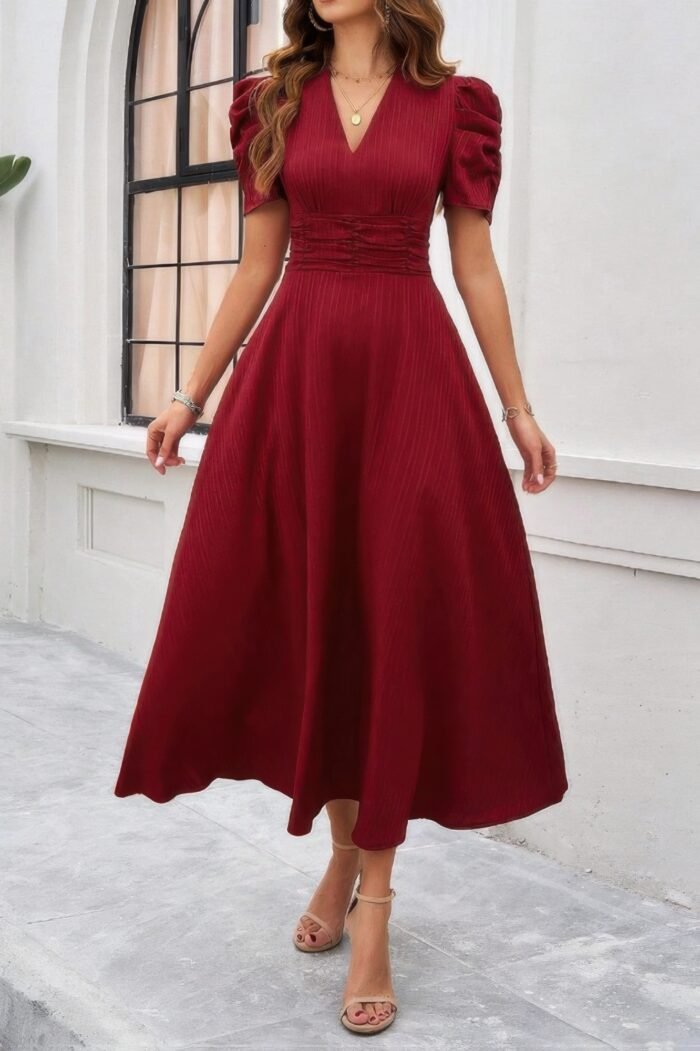 V Neck Solid Puff Sleeves Fit Full Dress - Image 19
