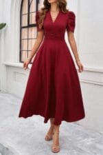 V Neck Solid Puff Sleeves Fit Full Dress
