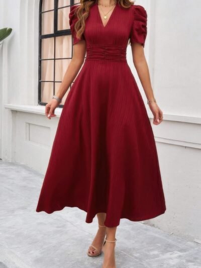 V Neck Solid Puff Sleeves Fit Full Dress V Neck Solid Puff Sleeves Fit Full Dress