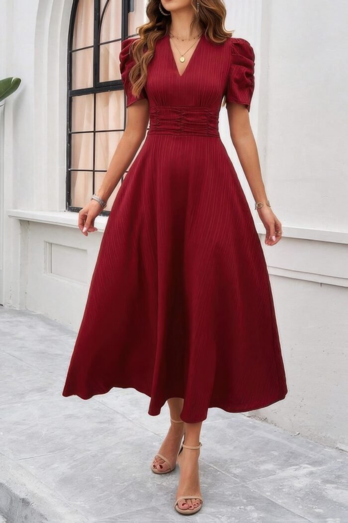 V Neck Solid Puff Sleeves Fit Full Dress - Image 20