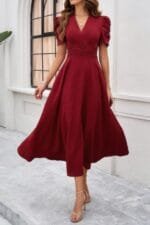V Neck Solid Puff Sleeves Fit Full Dress