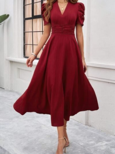 V Neck Solid Puff Sleeves Fit Full Dress V Neck Solid Puff Sleeves Fit Full Dress