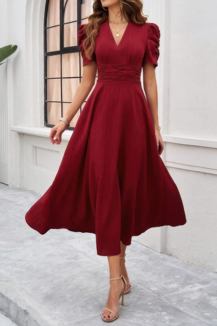 V Neck Solid Puff Sleeves Fit Full Dress - Image 21