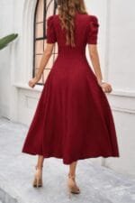 V Neck Solid Puff Sleeves Fit Full Dress