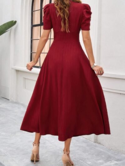 V Neck Solid Puff Sleeves Fit Full Dress V Neck Solid Puff Sleeves Fit Full Dress
