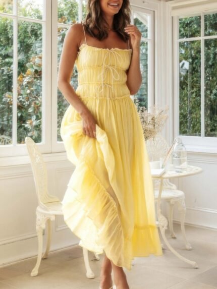 Off Shoulder Knot Pleated Ruffle Hem Dress