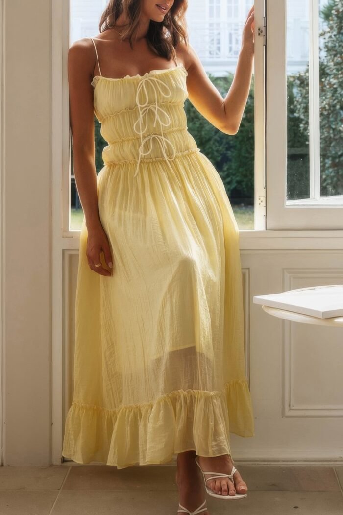 Off shoulder knot pleated ruffle hem dress - image 3