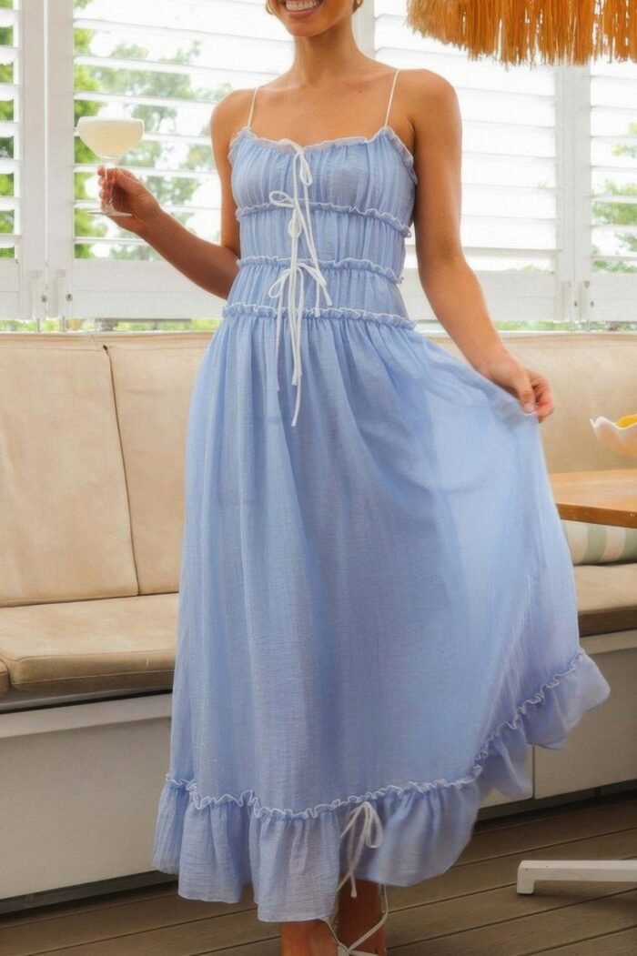 Off shoulder knot pleated ruffle hem dress - image 9