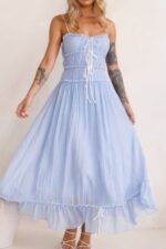 Off Shoulder Knot Pleated Ruffle Hem Dress - Image 10