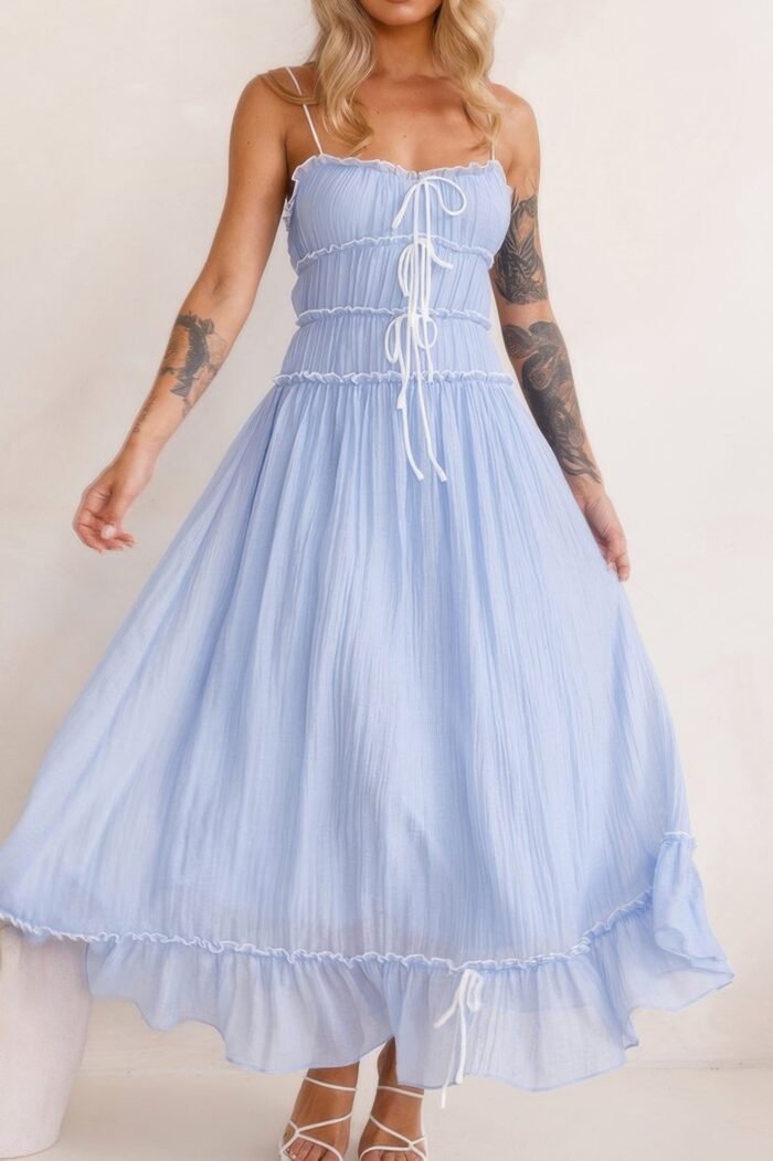 Off shoulder knot pleated ruffle hem dress - image 10