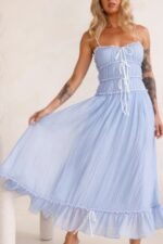Off Shoulder Knot Pleated Ruffle Hem Dress - Image 11