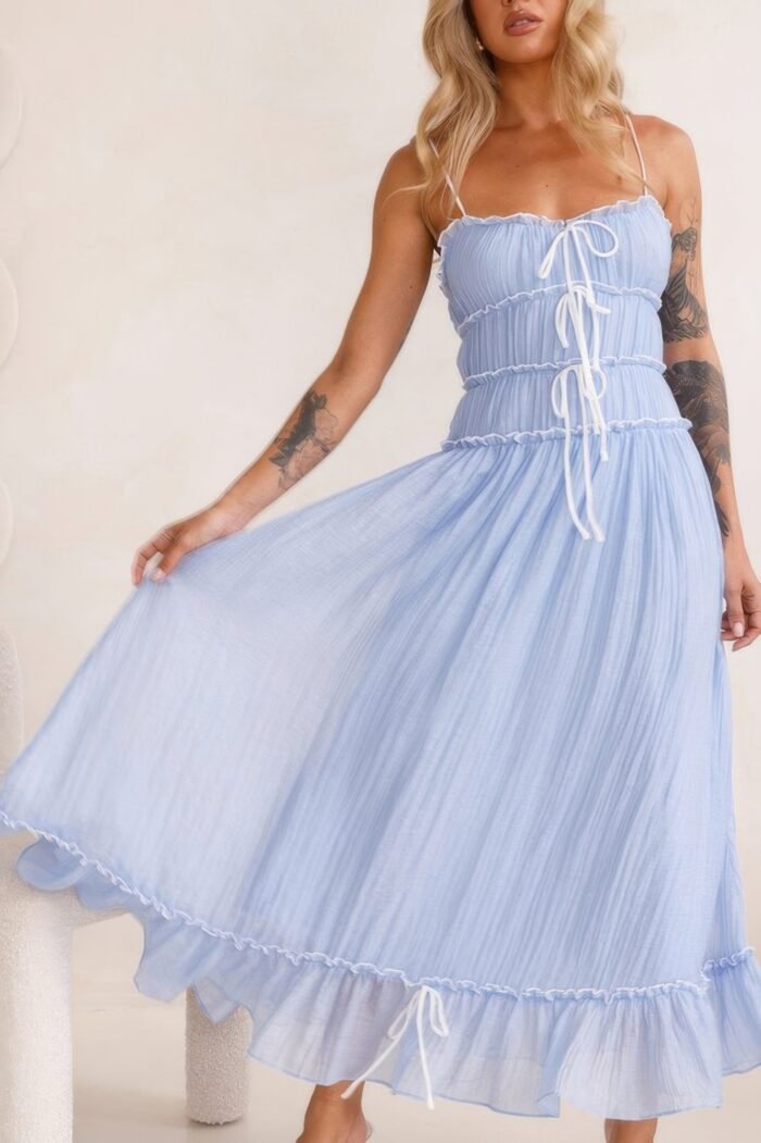 Off shoulder knot pleated ruffle hem dress - image 11