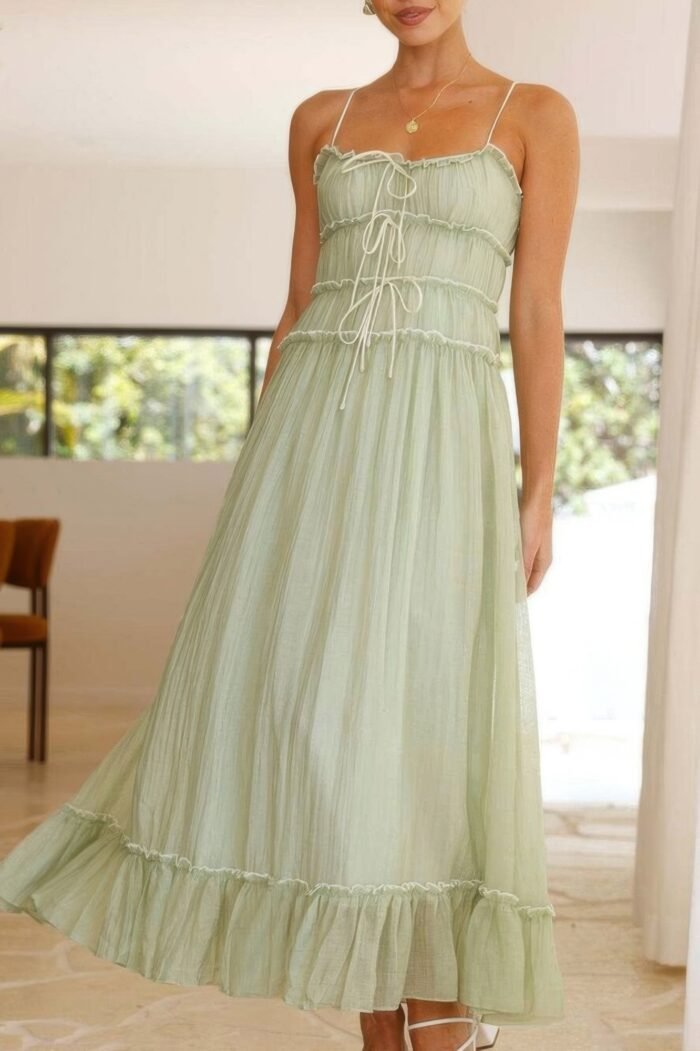 Off shoulder knot pleated ruffle hem dress - image 13